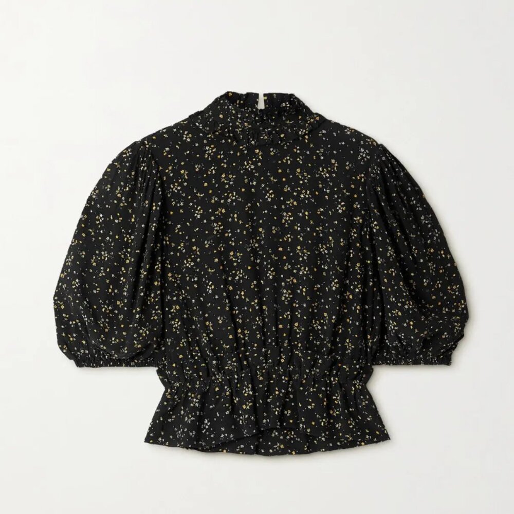 Ganni Floral Print Crepe Blouse